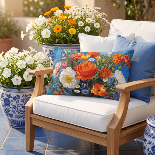 Blossoms on Blue lumbar outdoor pillow styled in a sunlit outdoor setting