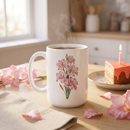 August Birth Month Flower Gladiolus mug lifestyle photo