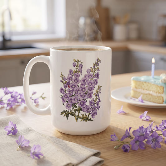 July Birth Month Flower Larkspur mug lifestyle photo