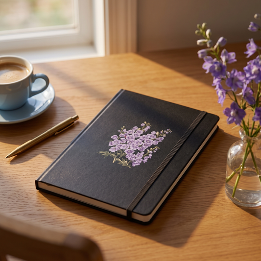 July Birth Month Flower Larkspur notebook lifestyle photo