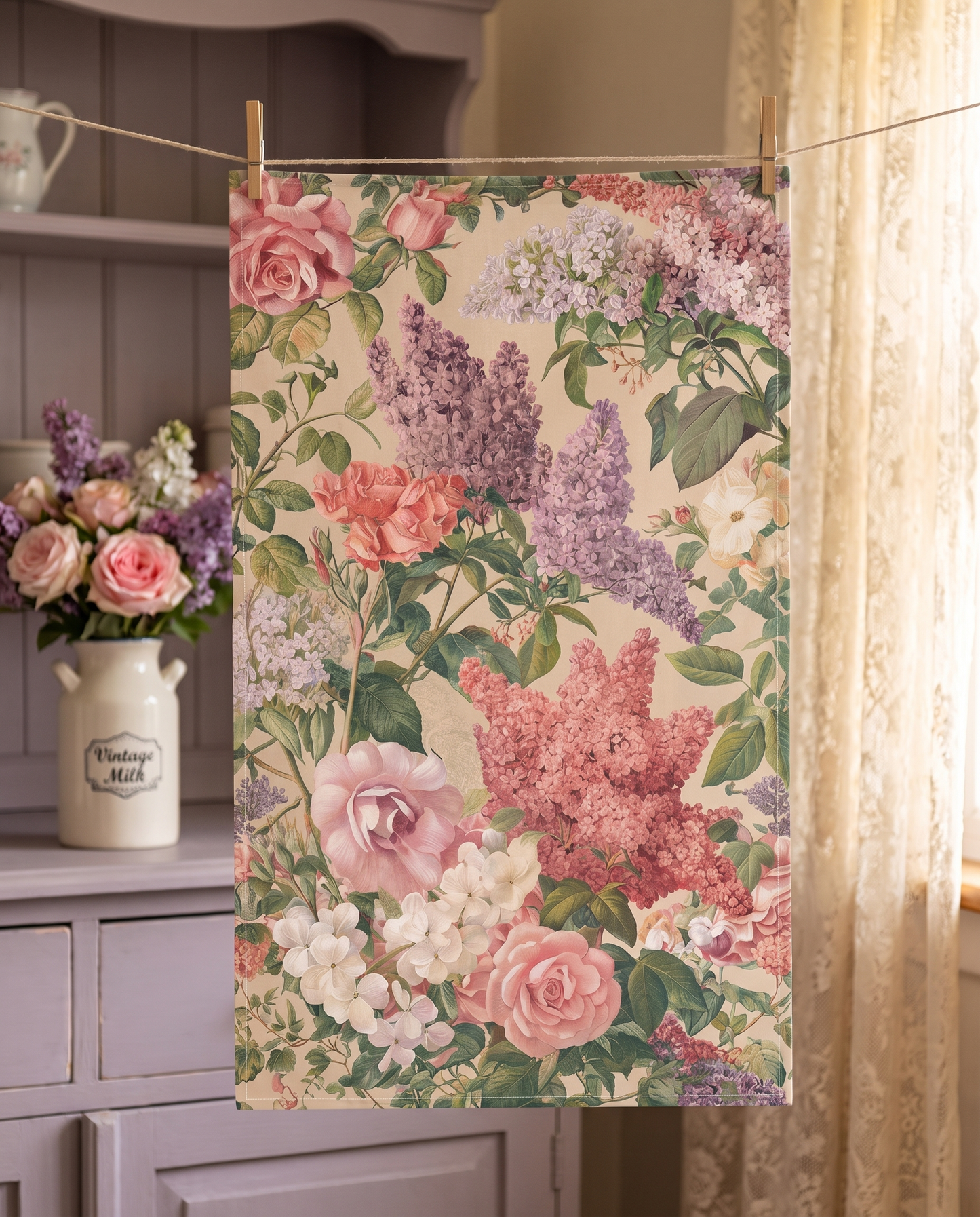 Lilac Rose Reverie kitchen towel hanging from clothespins in a romantic country kitchen