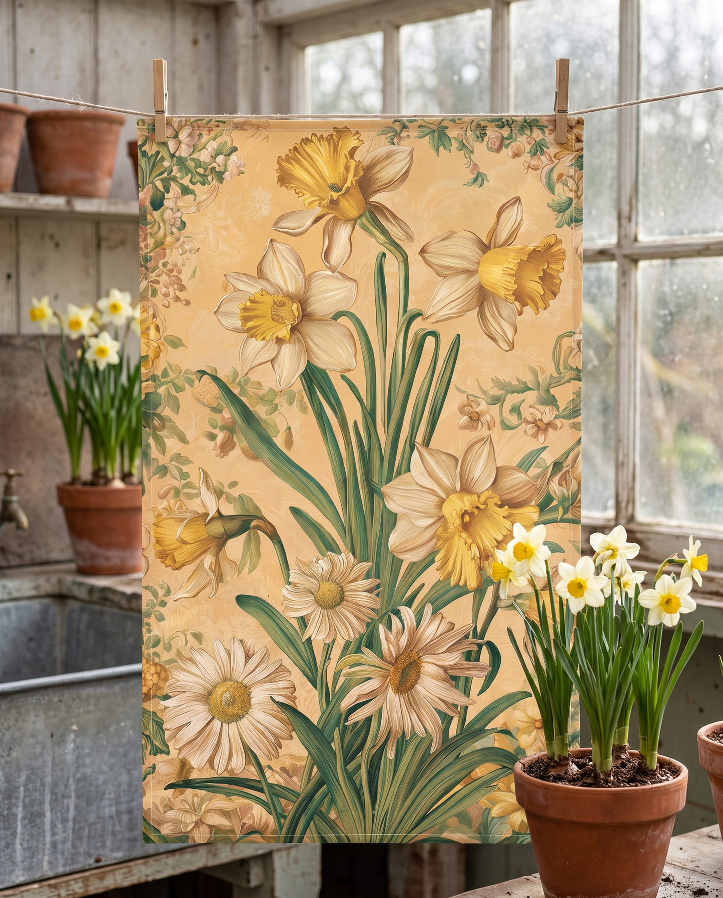 Daisy and Narcissus Nostalgia kitchen towel hanging from clothespins in a potting shed kitchen