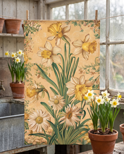 Daisy and Narcissus Nostalgia kitchen towel hanging from clothespins in a potting shed kitchen