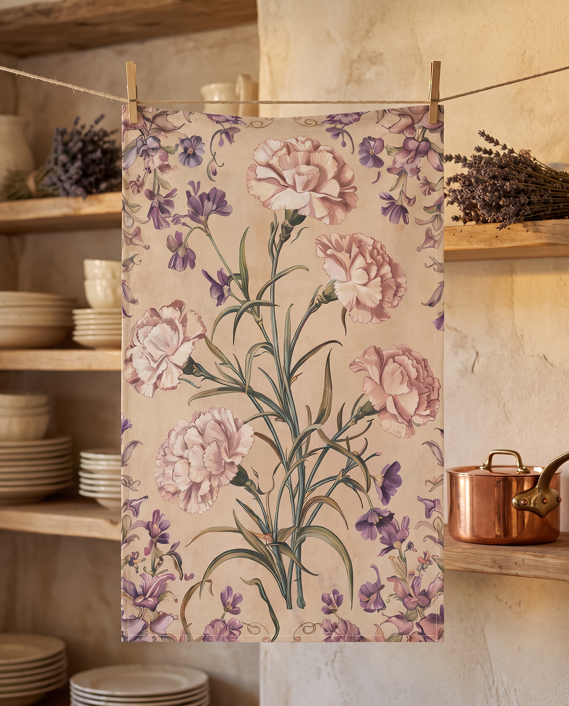 Carnation Caress kitchen towel hanging from clothespins in a French farmhouse kitchen