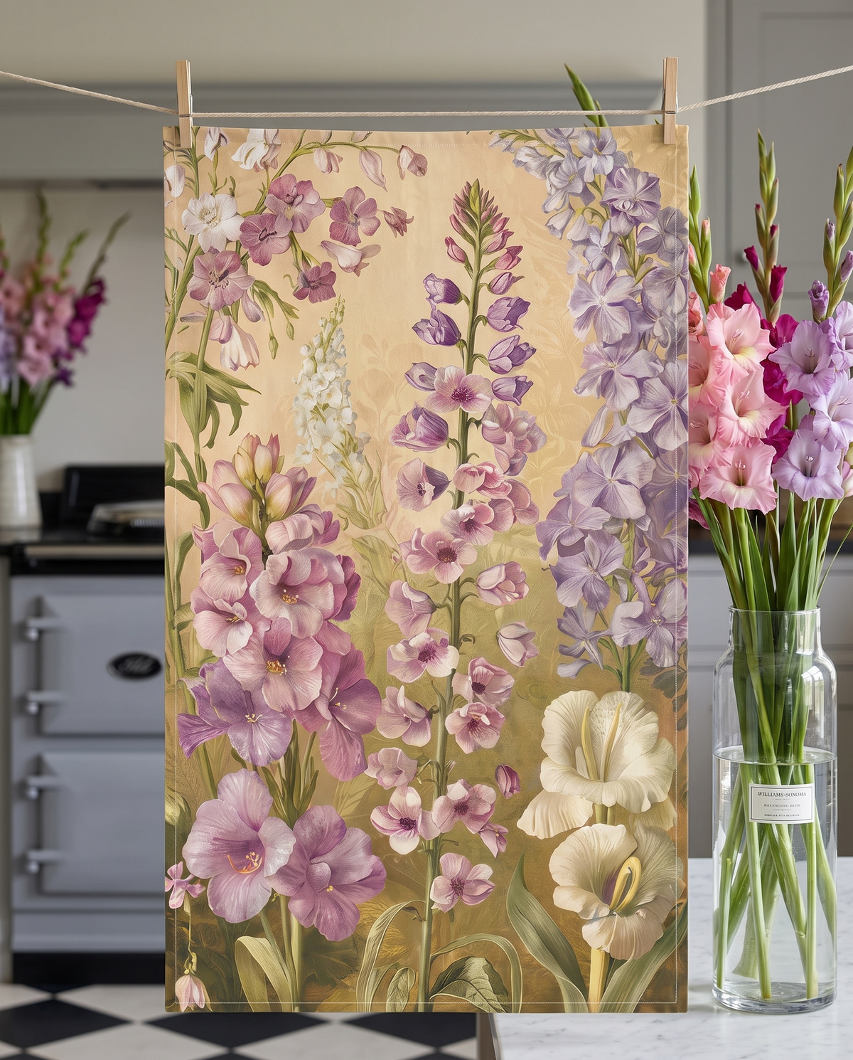 Gladiolus Grace kitchen towel hanging from clothespins in a butler pantry kitchen