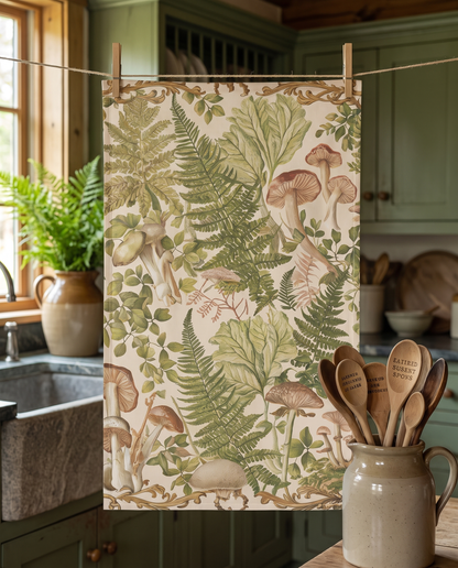 Botanical Woodland Whimsy kitchen towel hanging from clothespins in a woodland cabin kitchen
