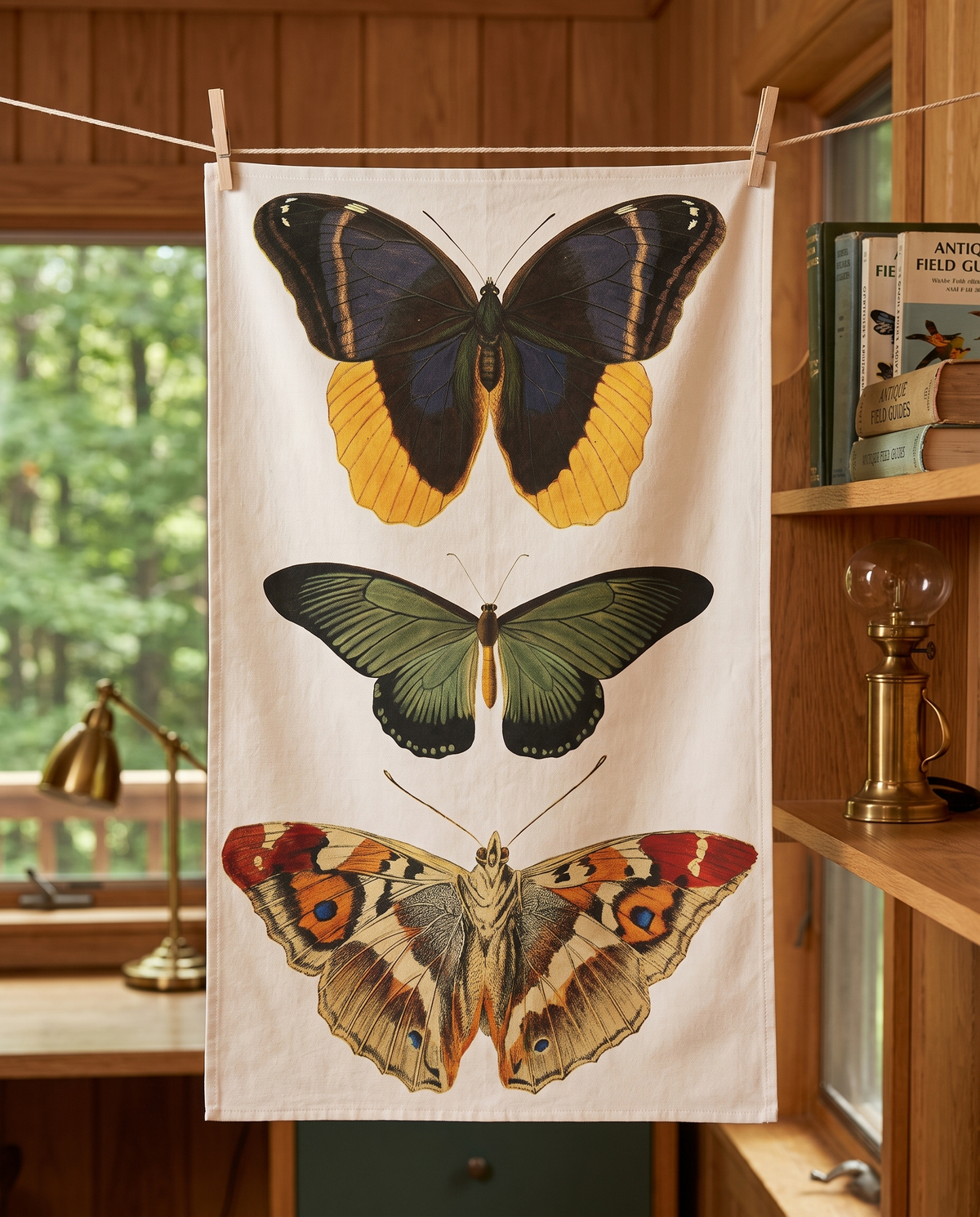 Woodland Royals butterfly kitchen towel hanging from clothespins in a woodland lodge kitchen