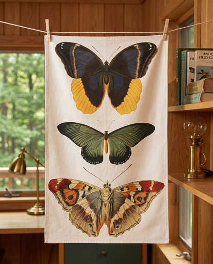 Woodland Royals butterfly kitchen towel hanging from clothespins in a woodland lodge kitchen
