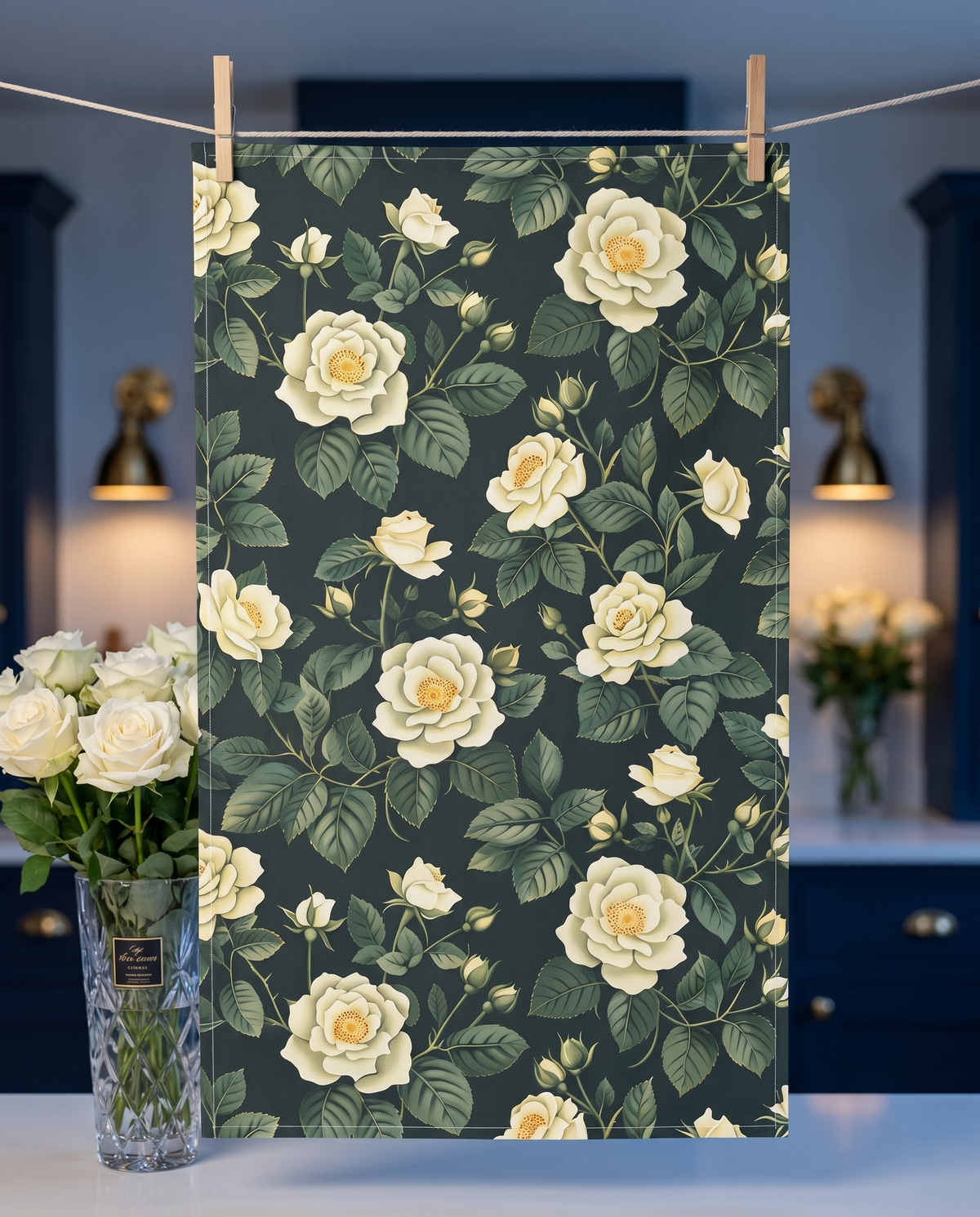 White Roses at Dusk kitchen towel hanging from clothespins in an evening kitchen