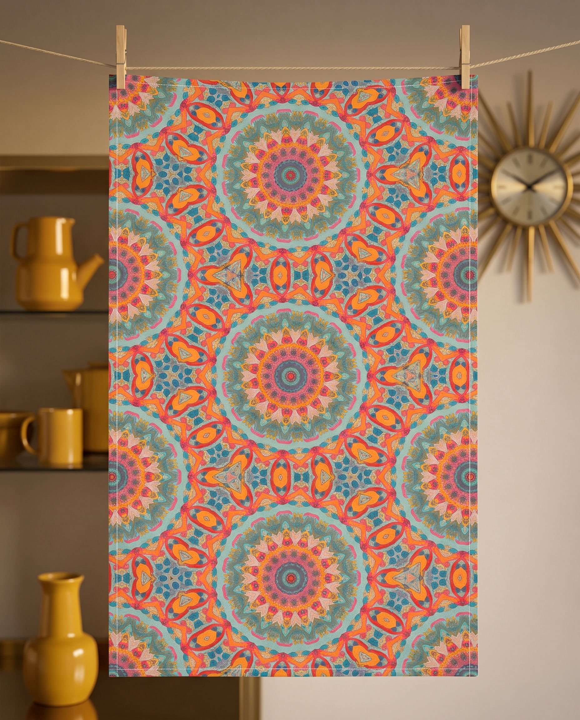 Golden Elegance kitchen towel hanging from clothespins in a gilded mod kitchen