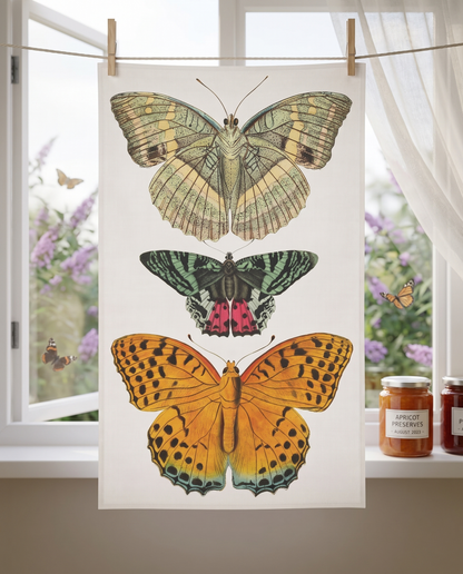 Vintage Butterfly Garden Breeze kitchen towel hanging from clothespins by an open casement window