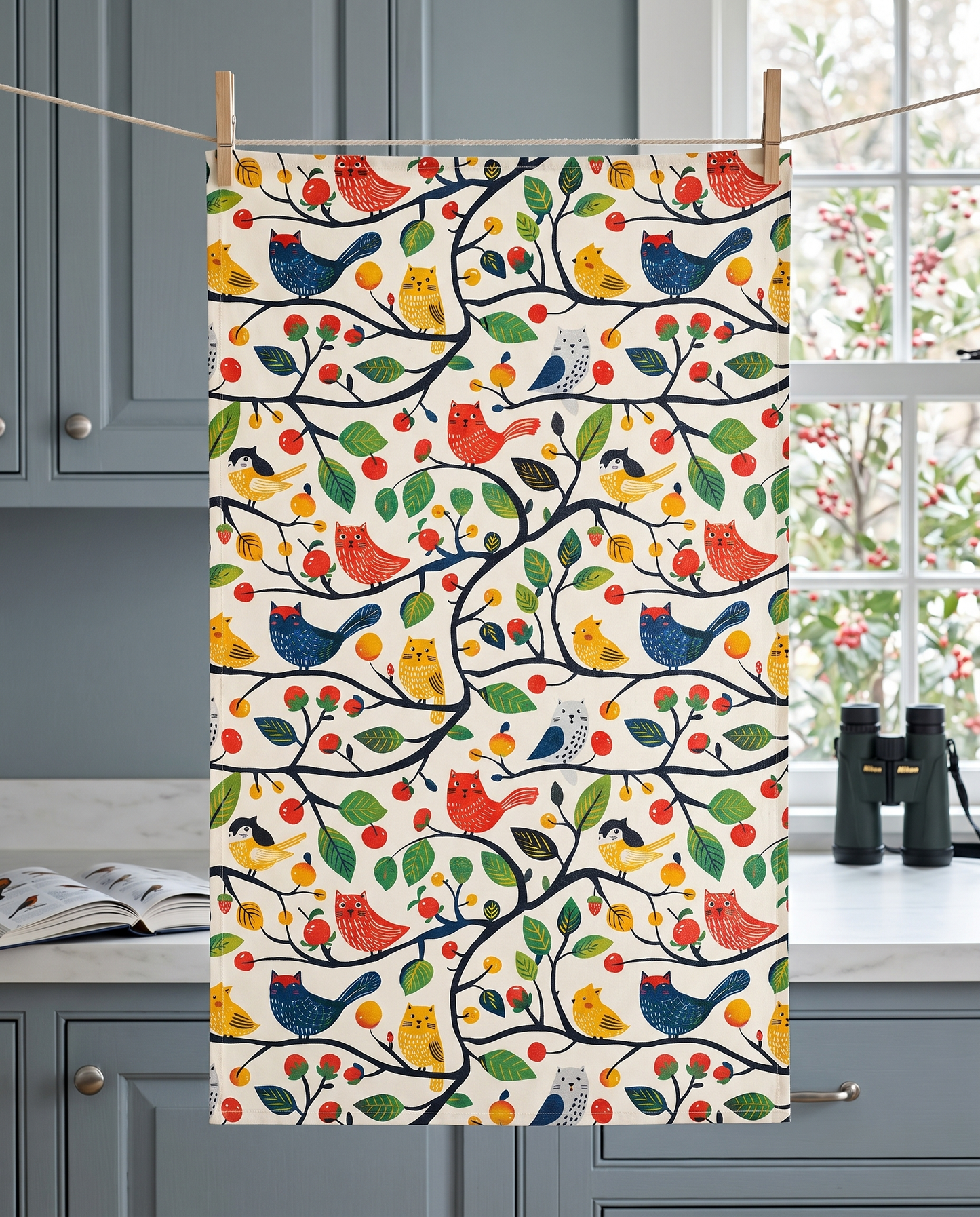 Catbird Tree kitchen towel hanging from clothespins beside a berry tree window