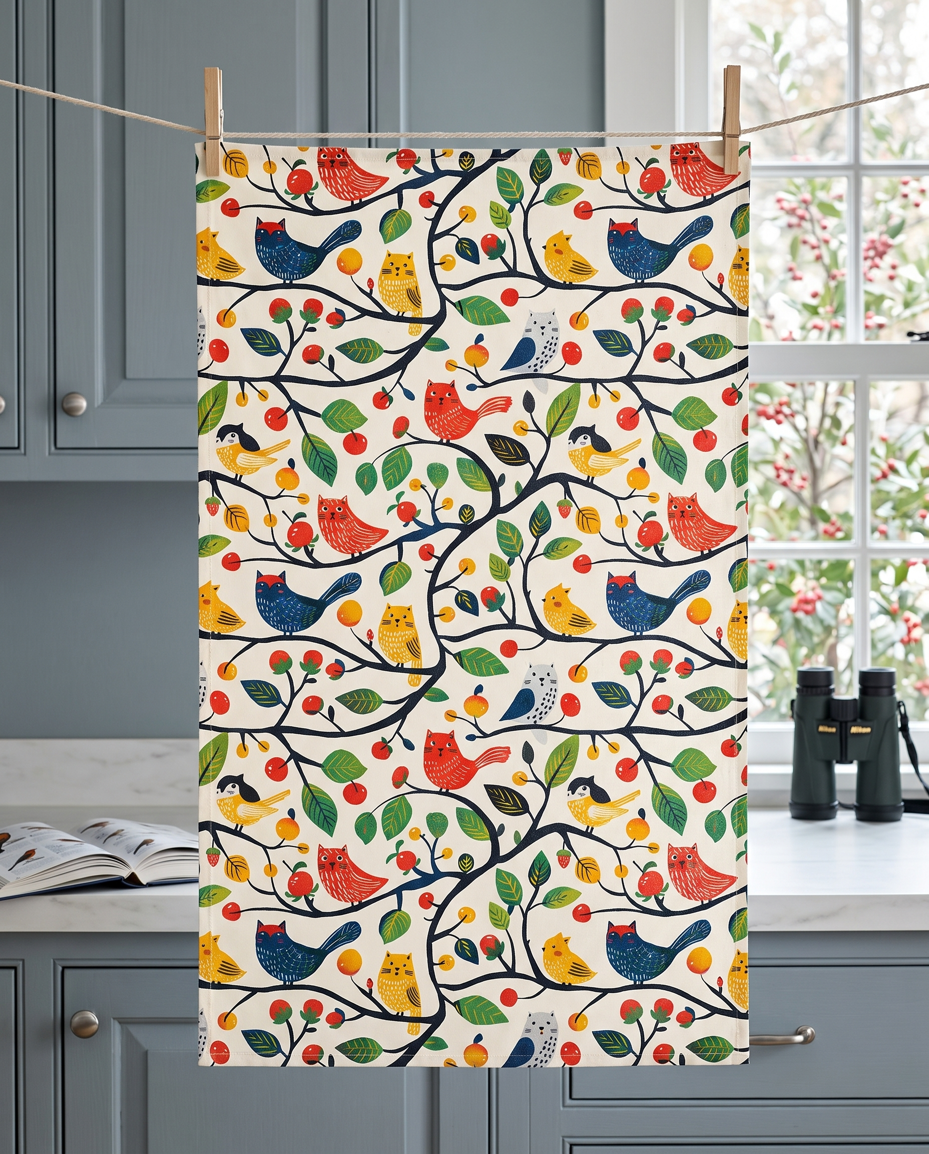 Catbird Tree kitchen towel hanging from clothespins beside a berry tree window