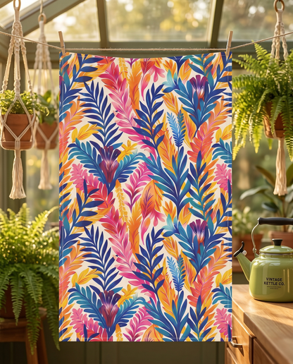 Fern-Tastic Whimsy kitchen towel hanging from clothespins in a 1970s conservatory kitchen