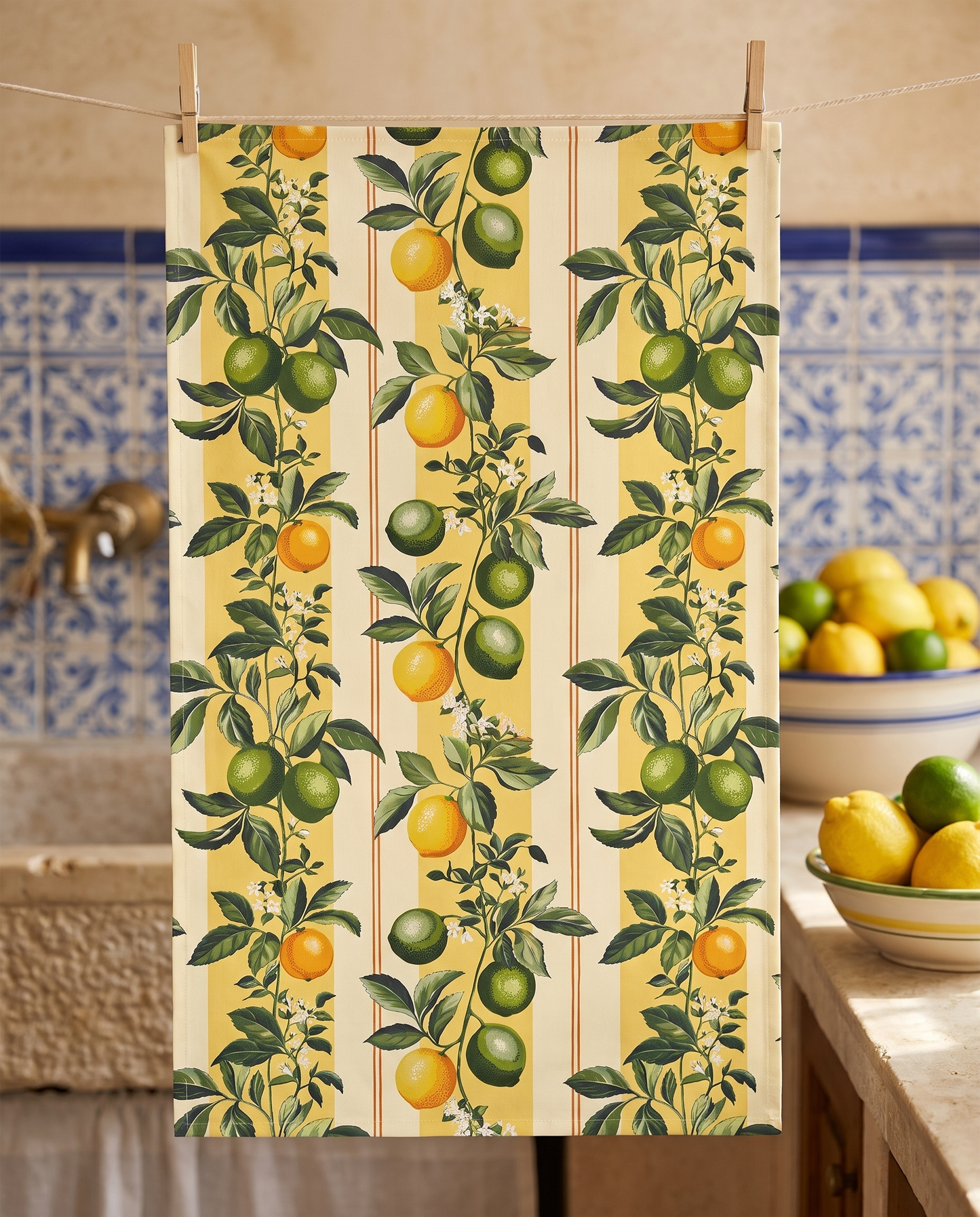 Lemony Lime kitchen towel hanging from clothespins in a Mediterranean kitchen