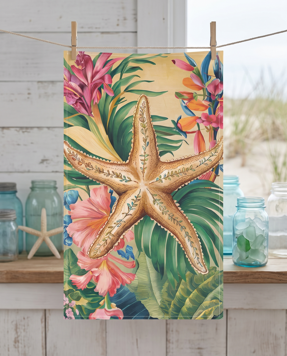 Starfish Soiree kitchen towel hanging from clothespins in a beach cottage kitchen