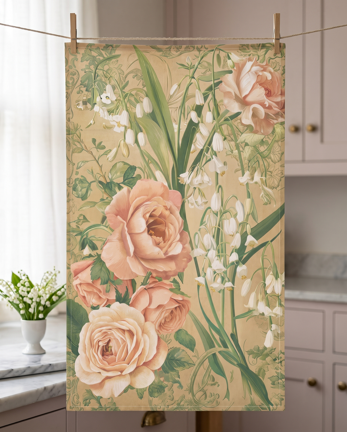 Rose and Lily of the Valley Whisper kitchen towel hanging from clothespins in a dawn kitchen