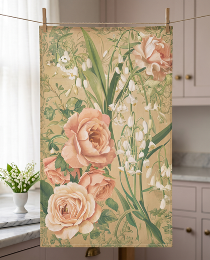 Rose and Lily of the Valley Whisper kitchen towel hanging from clothespins in a dawn kitchen