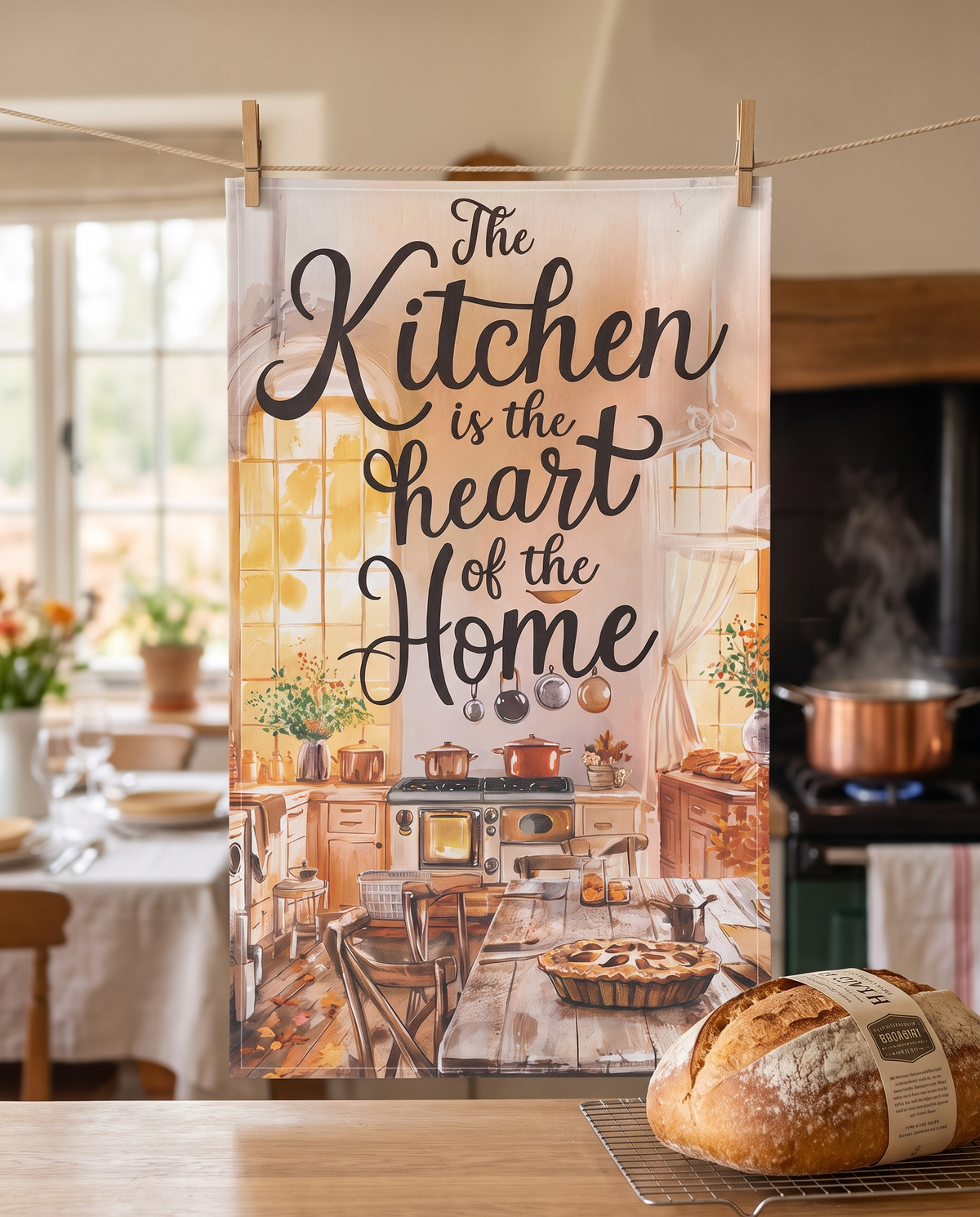 The Kitchen is the Heart of the Home kitchen towel hanging from clothespins by a farmhouse hearth