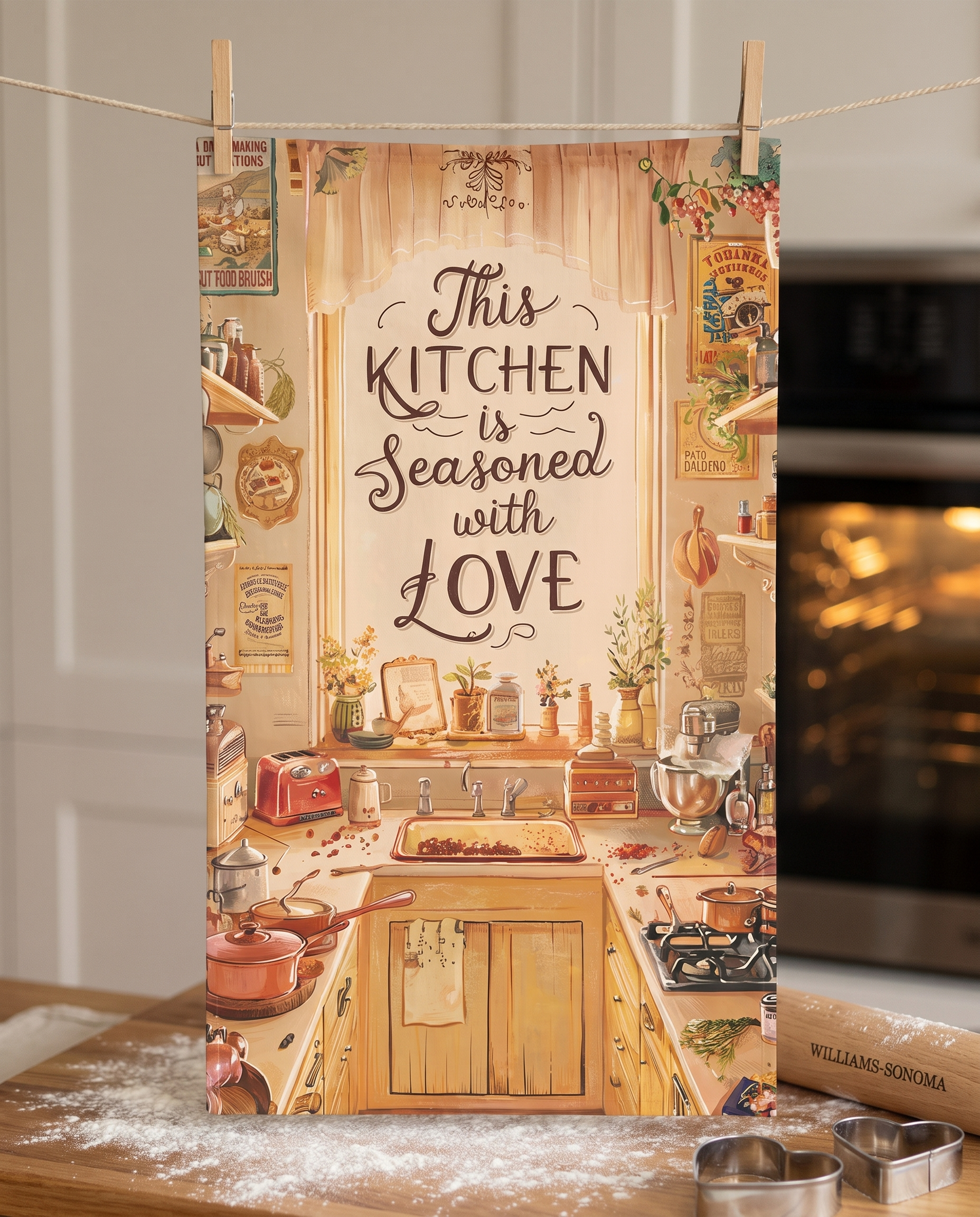 Seasoned with Love kitchen towel hanging from clothespins beside a baking counter