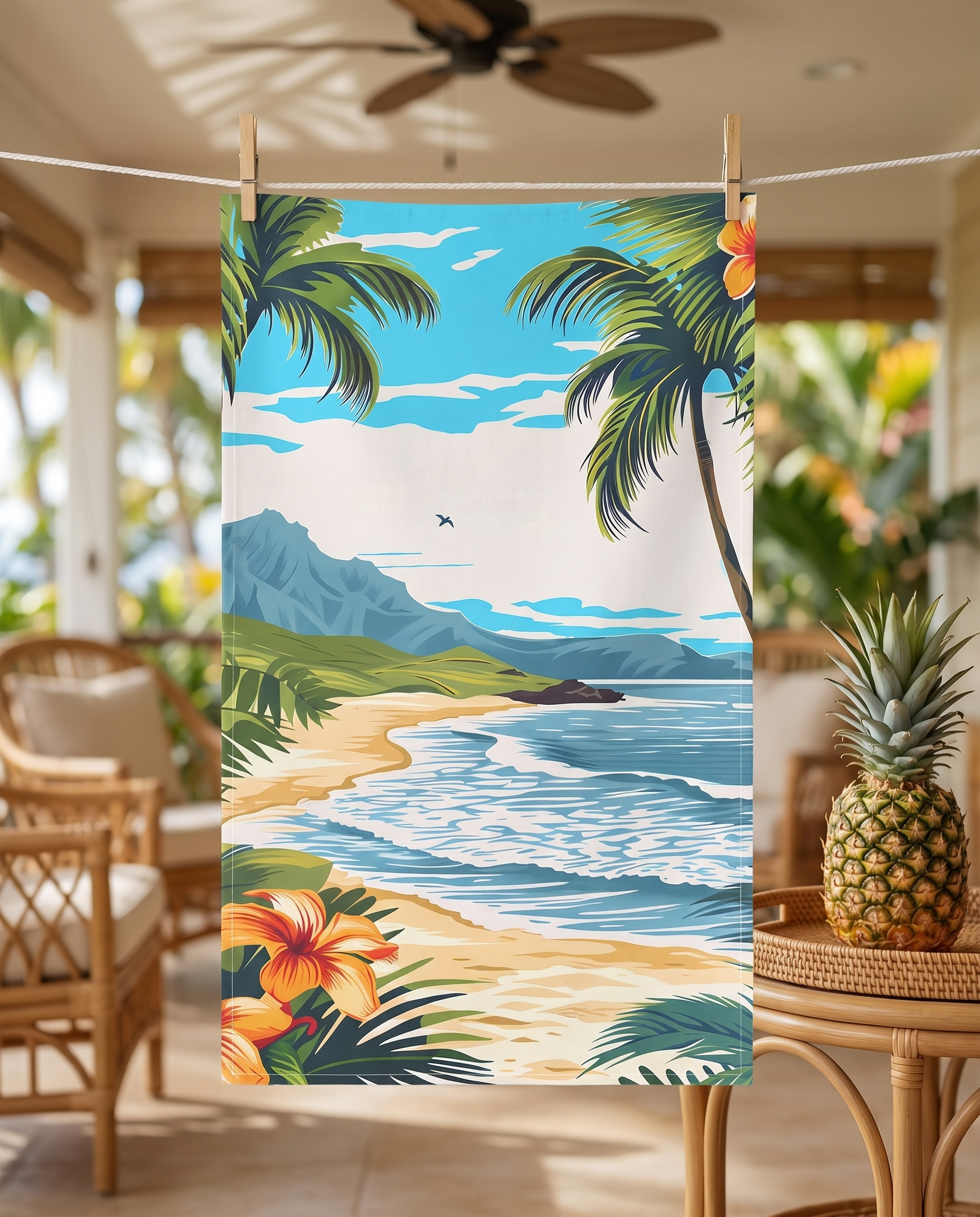 Hawaiian Dreamscape kitchen towel hanging from clothespins in an island veranda kitchen