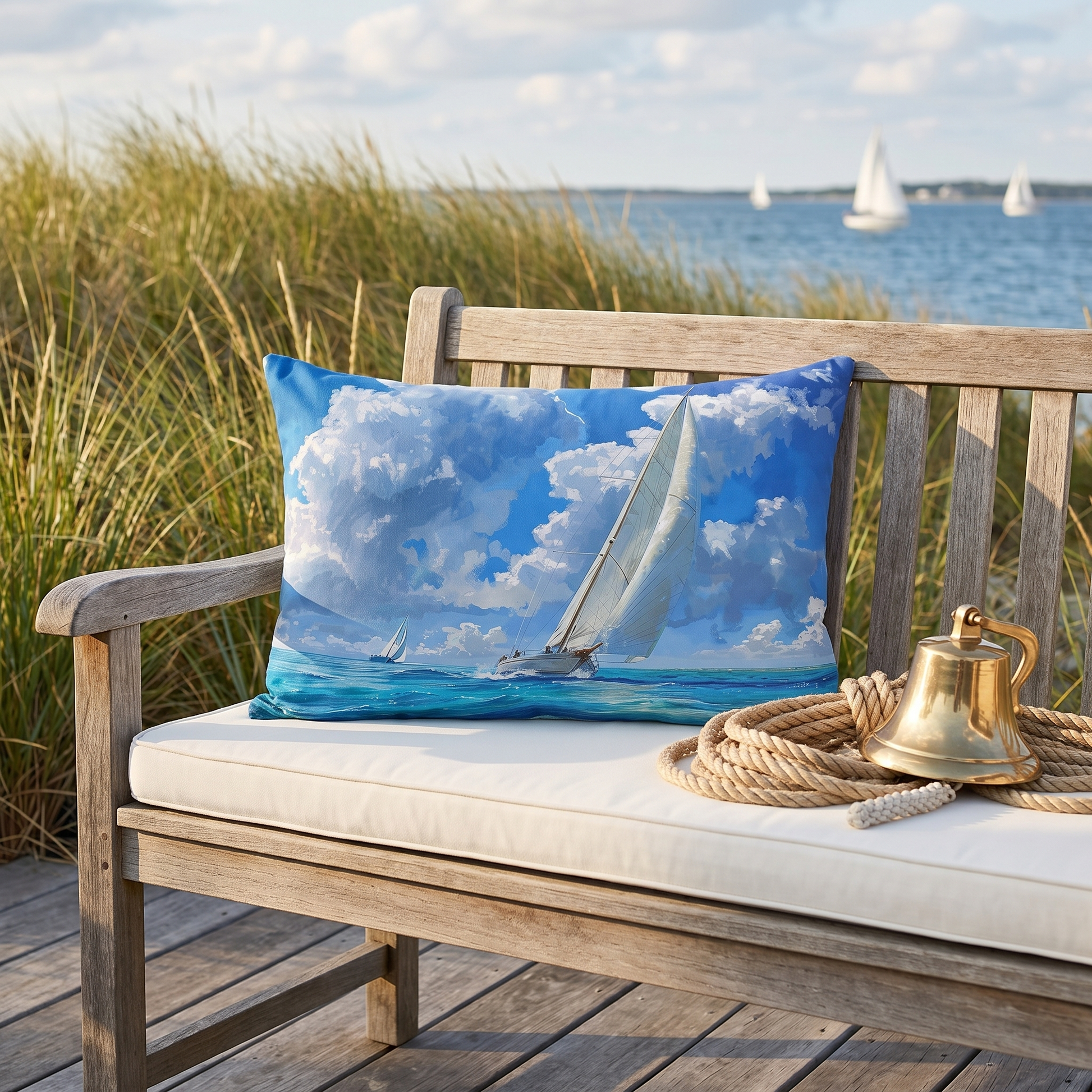 Ocean Breeze Sailing lumbar outdoor pillow styled in a sunlit outdoor setting