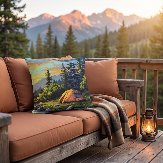 Sunset Mountain Retreat square outdoor pillow styled in a sunlit outdoor setting