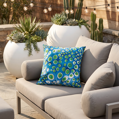 Embryonic Space Pods square outdoor pillow styled in a sunlit outdoor setting