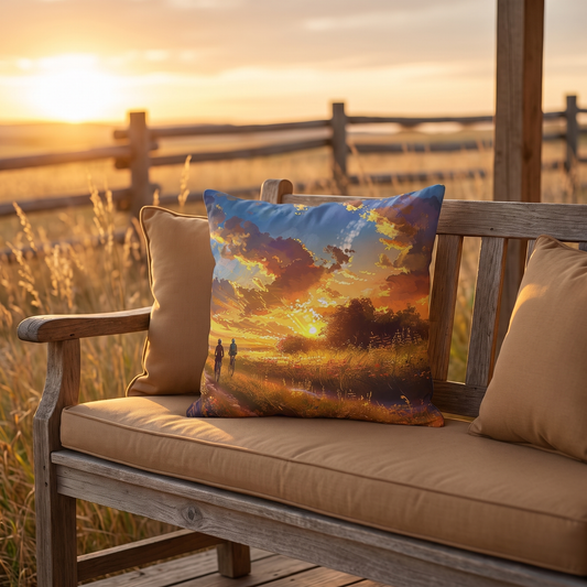 Golden Sunset Ride square outdoor pillow styled in a sunlit outdoor setting