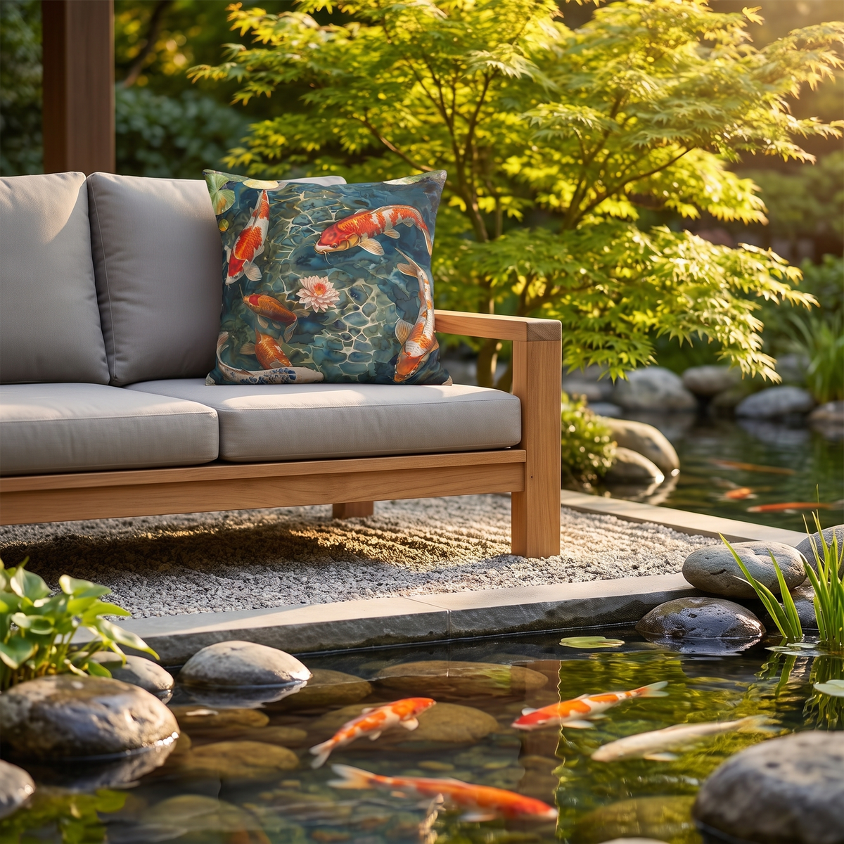 Tranquil Koi Oasis square outdoor pillow styled in a sunlit outdoor setting