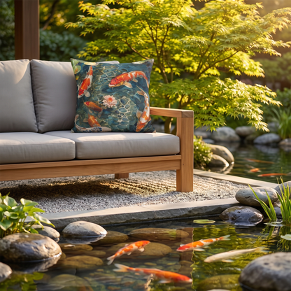 Tranquil Koi Oasis square outdoor pillow styled in a sunlit outdoor setting