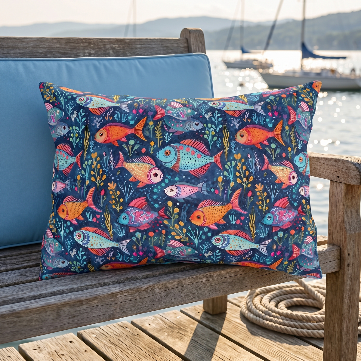 Fun Fish lumbar outdoor pillow styled in a sunlit outdoor setting