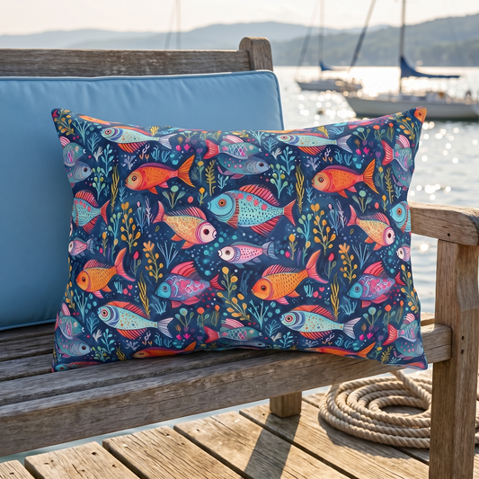 Fun Fish lumbar outdoor pillow styled in a sunlit outdoor setting