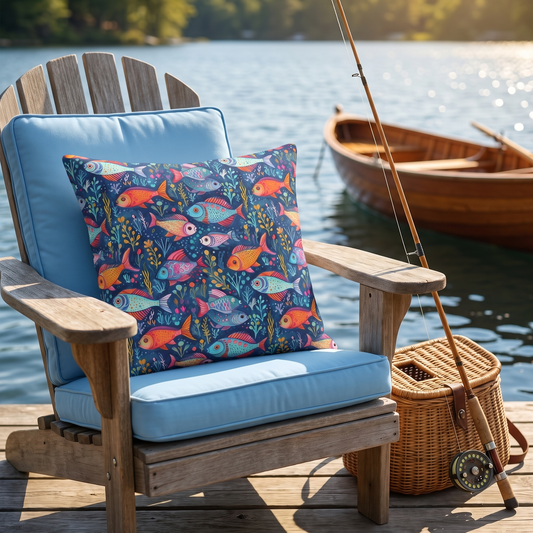 Fun Fish square outdoor pillow styled in a sunlit outdoor setting