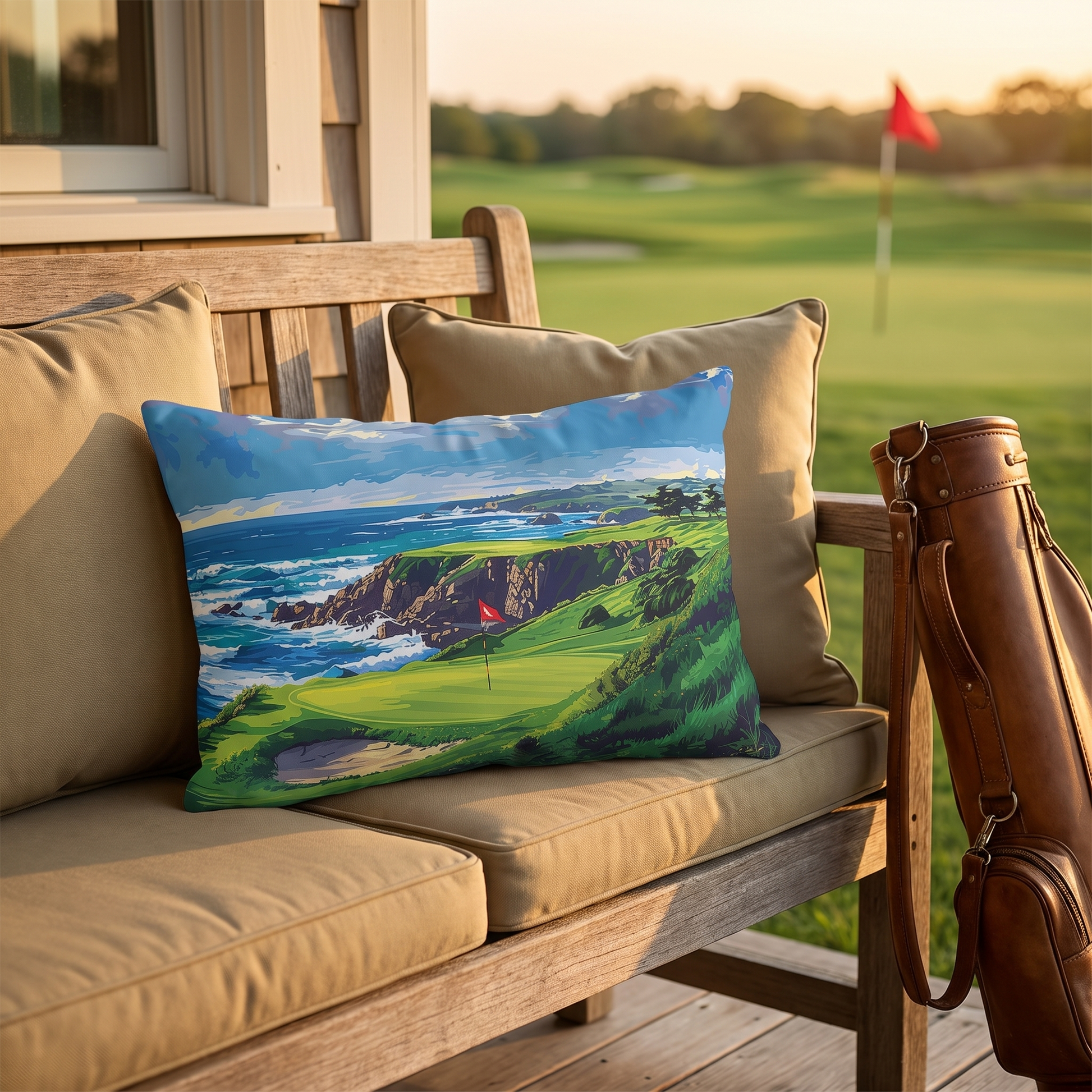 Coastal Tee Time lumbar outdoor pillow styled in a sunlit outdoor setting