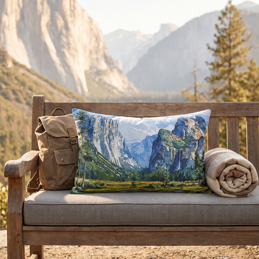 Yosemite Valley Vista lumbar outdoor pillow styled in a sunlit outdoor setting