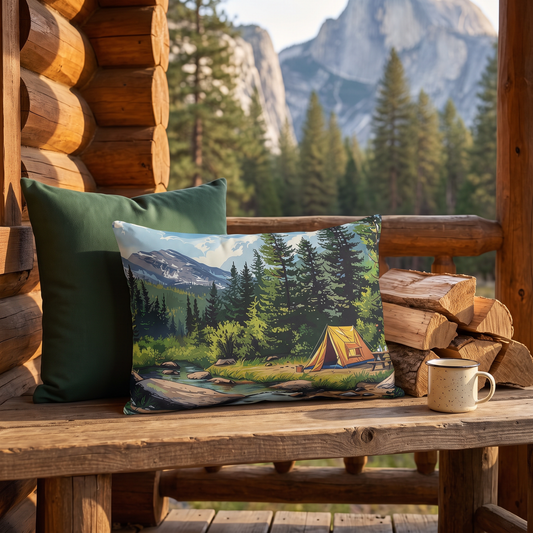 High Sierras Camp lumbar outdoor pillow styled in a sunlit outdoor setting