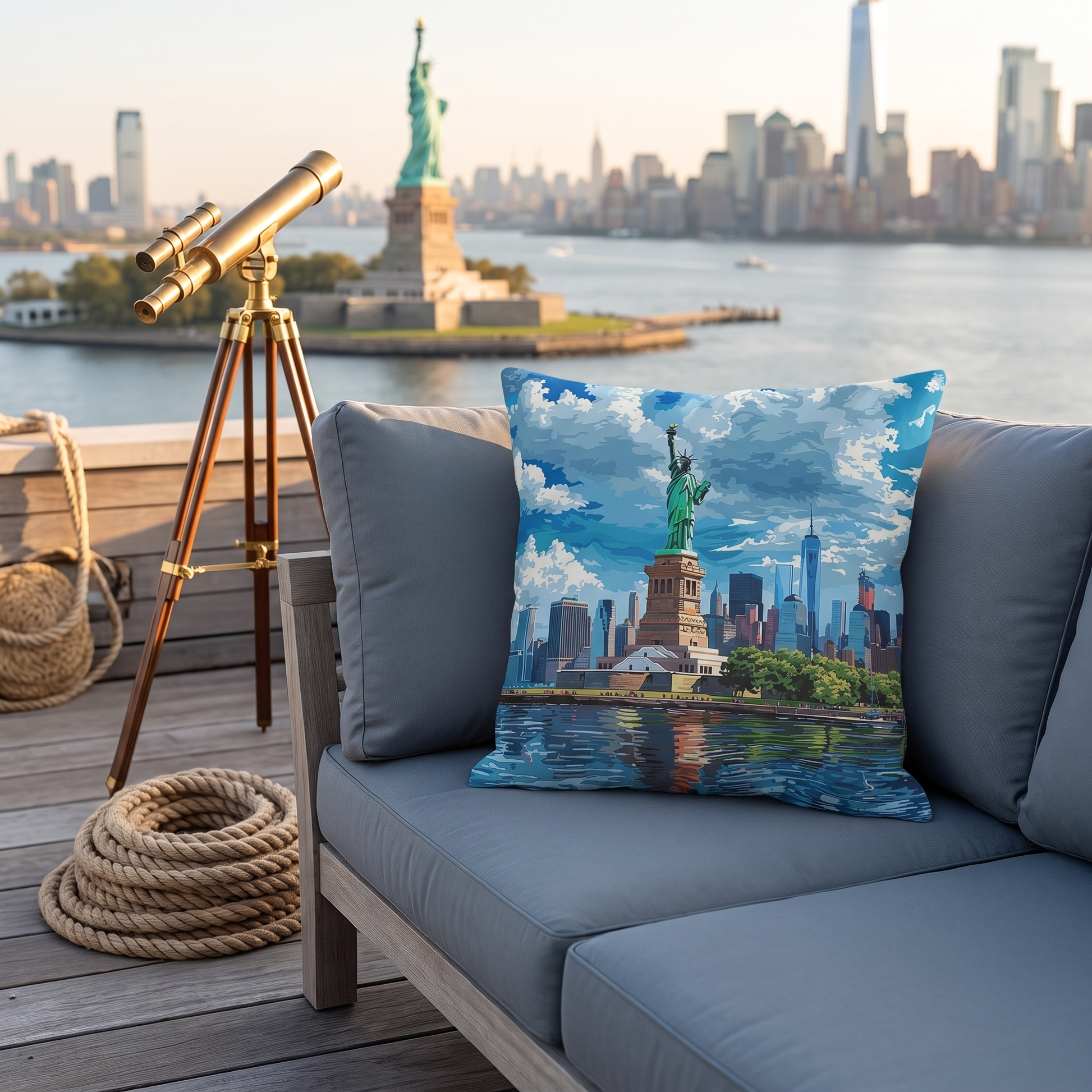 Statue of Liberty square outdoor pillow styled in a sunlit outdoor setting