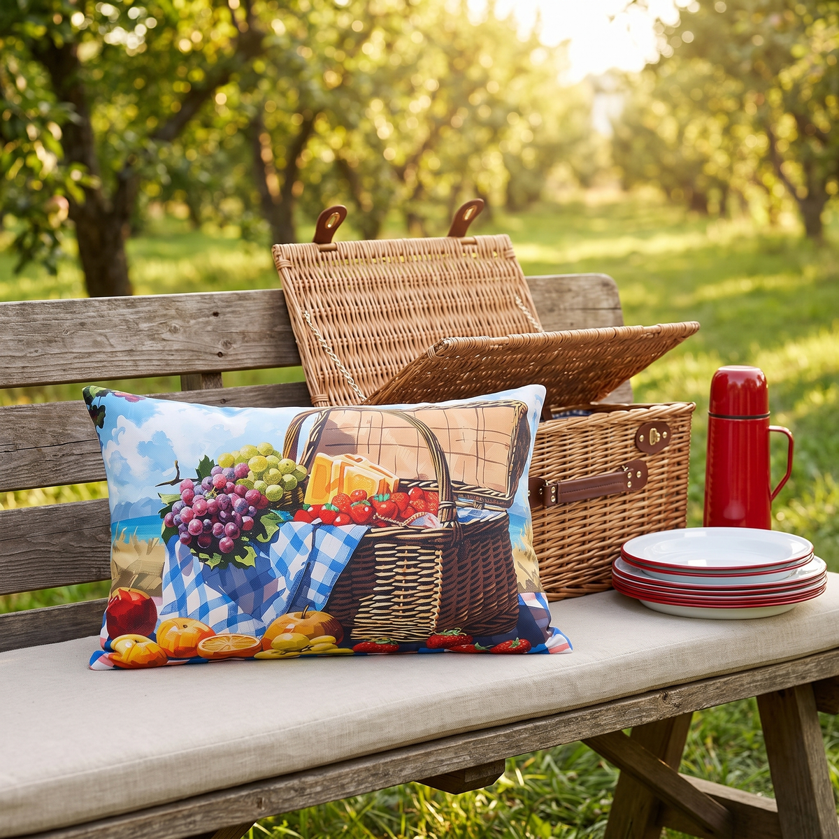 Picnic Perfection lumbar outdoor pillow styled in a sunlit outdoor setting