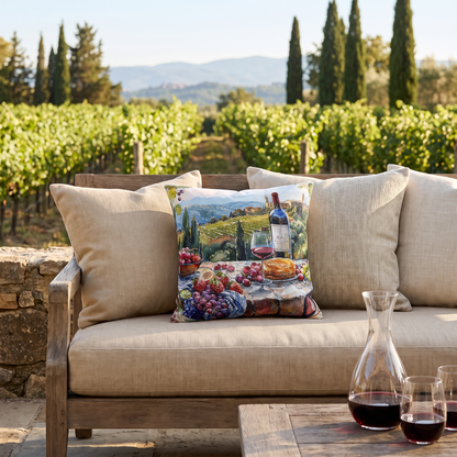 Tuscan Vineyard Vignette square outdoor pillow styled in a sunlit outdoor setting