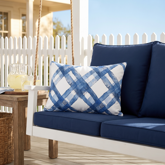 Blue Breeze Gingham lumbar outdoor pillow styled in a sunlit outdoor setting