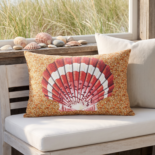 Scalloped Seashell lumbar outdoor pillow styled in a sunlit outdoor setting