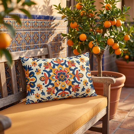 Sevilla Sunburst outdoor lumbar pillow styled in a sunlit outdoor setting
