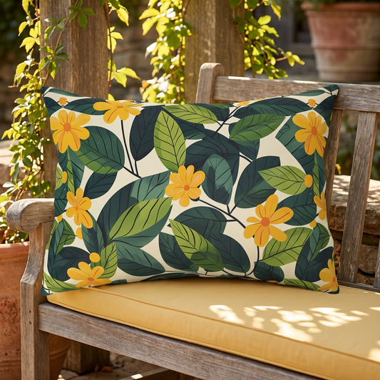 Sunshine Vines outdoor lumbar pillow styled in a sunlit outdoor setting