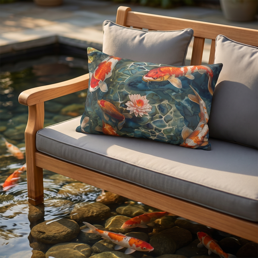 Tranquil Koi Oasis outdoor lumbar pillow styled in a sunlit outdoor setting