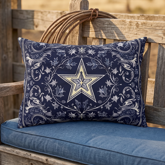 Western Blue Scarf outdoor lumbar pillow styled in a sunlit outdoor setting