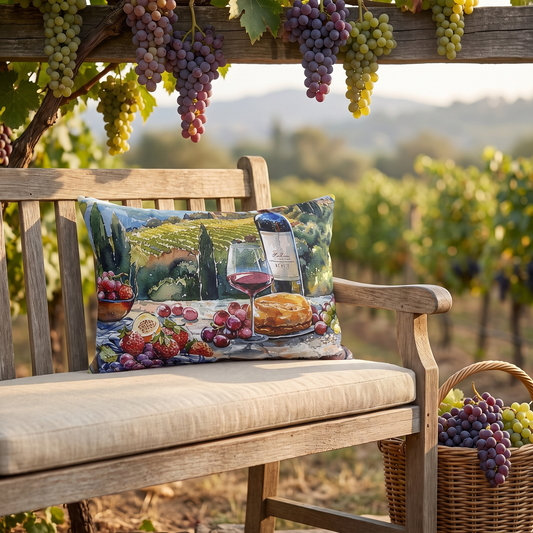 Tuscan Vineyard Vignette outdoor lumbar pillow styled in a sunlit outdoor setting