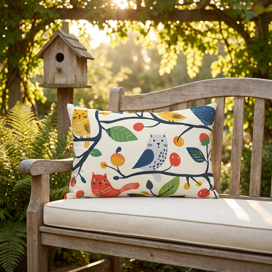 Catbird Tree outdoor lumbar pillow styled in a sunlit outdoor setting