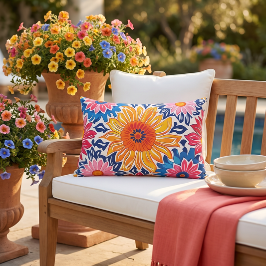 Sunsplash Petals outdoor lumbar pillow styled in a sunlit outdoor setting