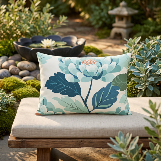 Zen Flower outdoor lumbar pillow styled in a sunlit outdoor setting